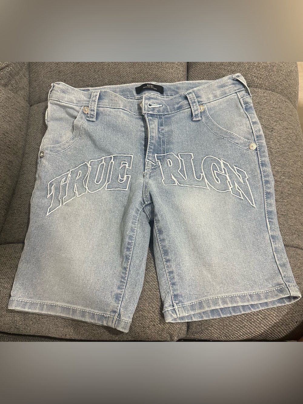 True Religion Faded Light Blue Embroidered Denim Shorts
